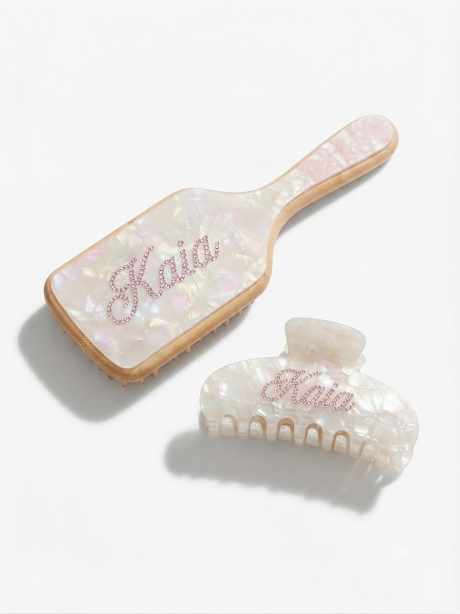 “It-girl” custom rhinestone matching hairbrush & claw clip set (2 pieces) - oval